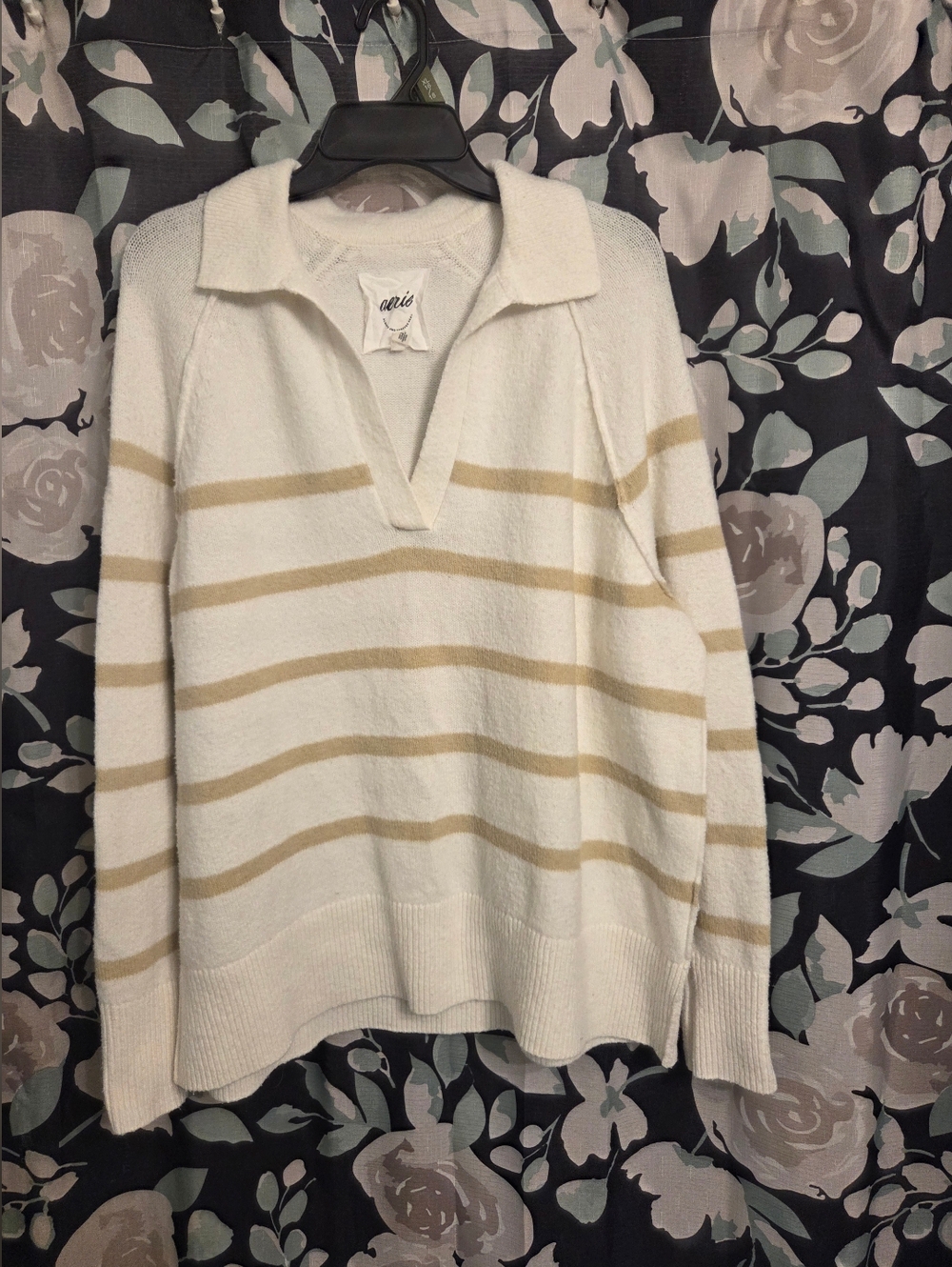 Aerie Cream & Tan Striped Polo Sweater